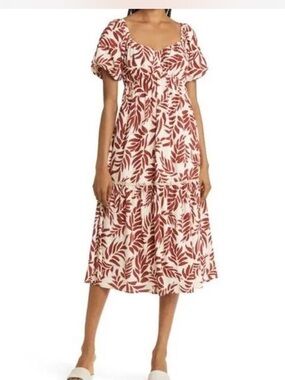 Lost + Wander Cream Midi Dress with Rust Leaf Print